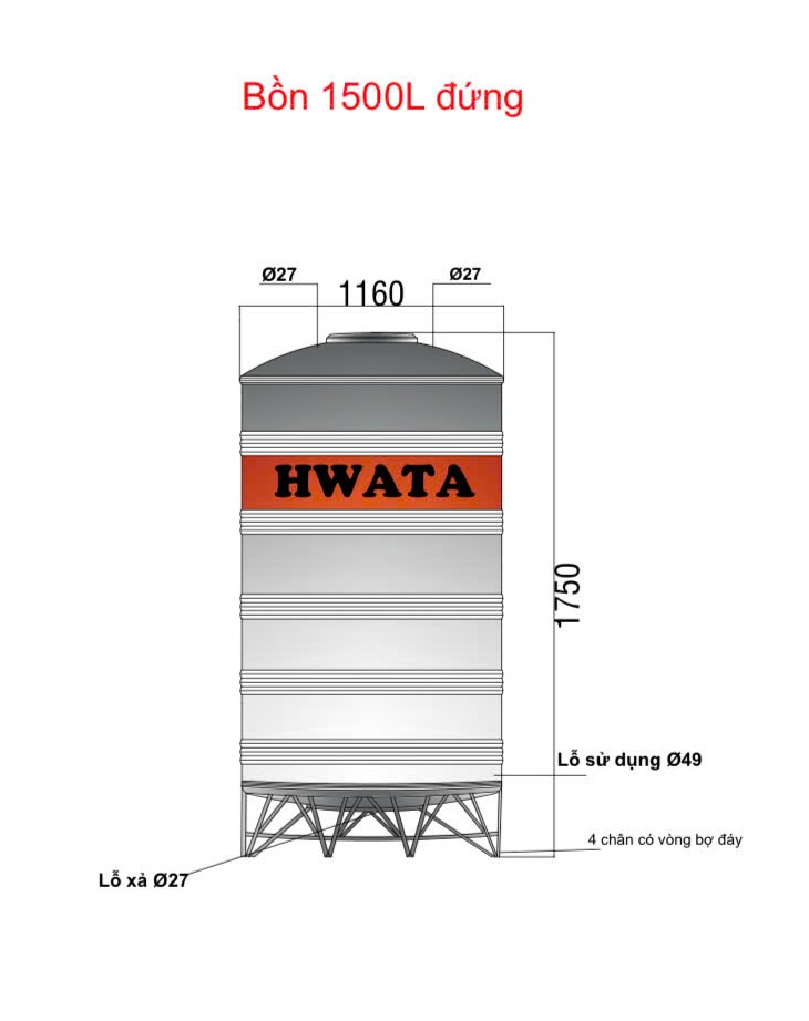 Thông số kỹ thuật Bồn Nước Inox Hwata 1500L Đứng